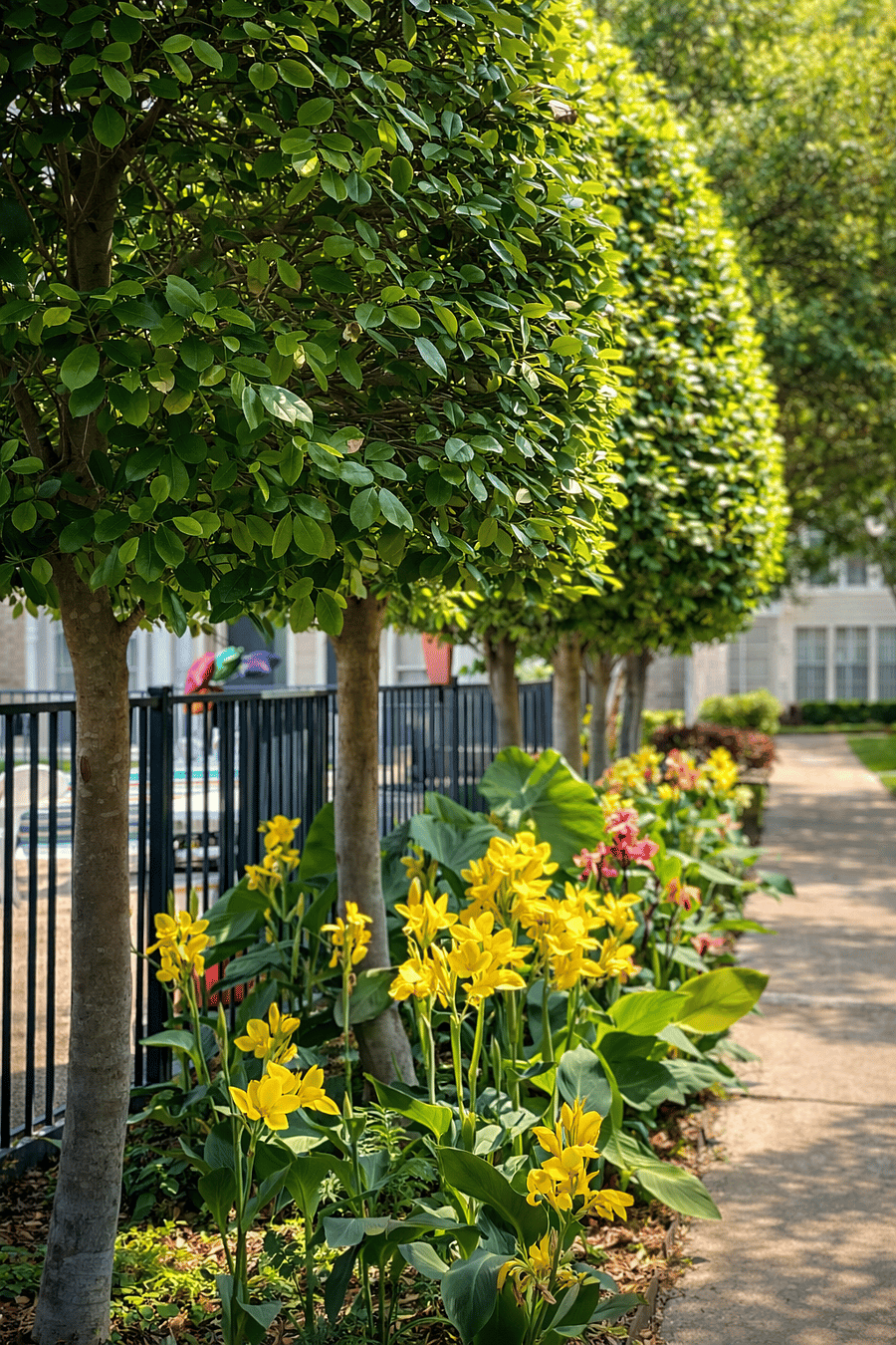 Tree-lined walkway alongside the pool with accented by colorful and lush greenery.