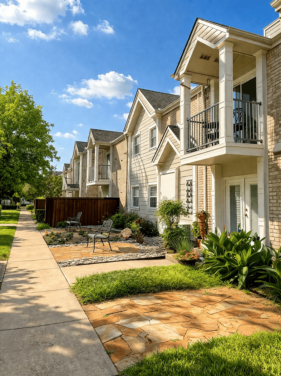 Inviting community walkway surrounded by greenery and a warm neighborhood feel.