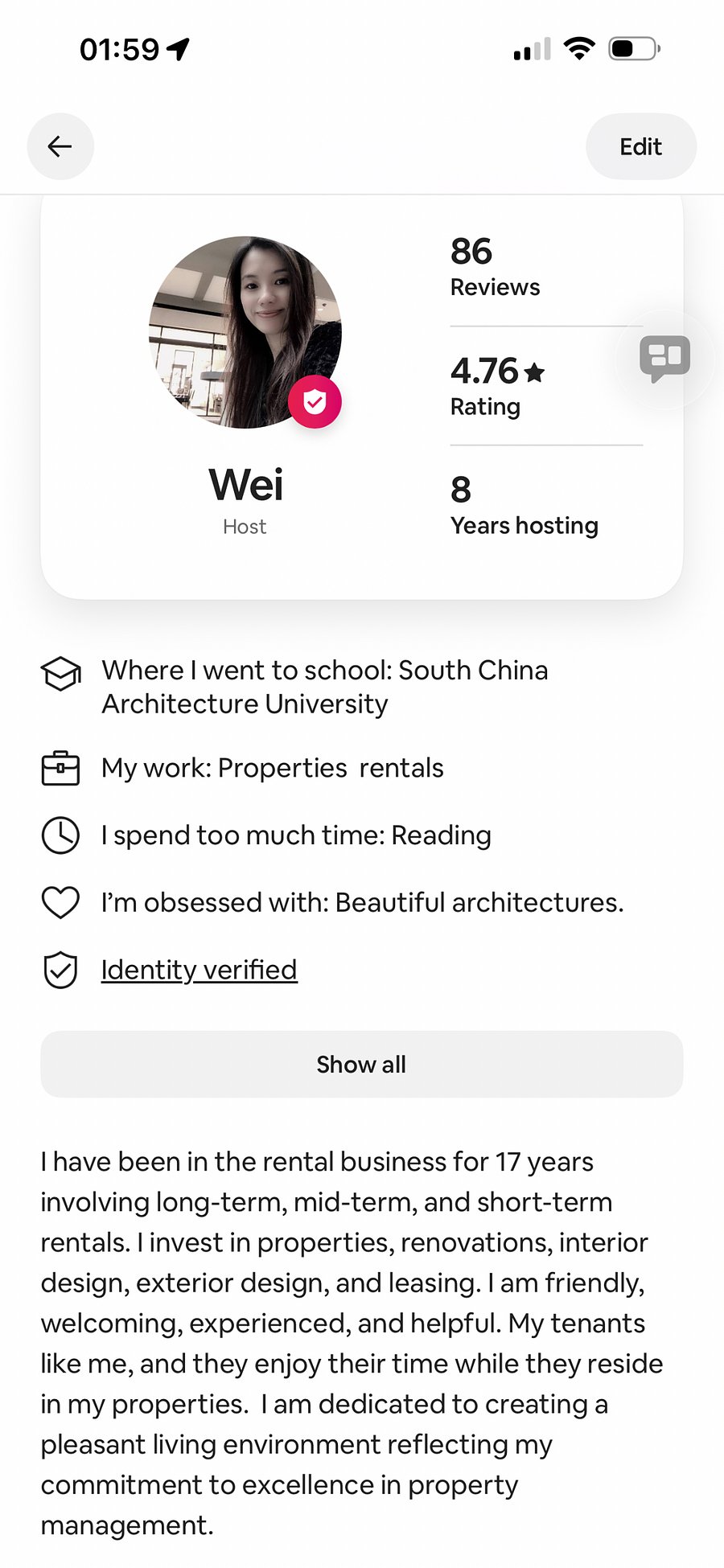 With over 20 years of Airbnb hosting experience worldwide, including 8 years in the United States, I am committed to providing a comfortable and reliable living experience for my guests.