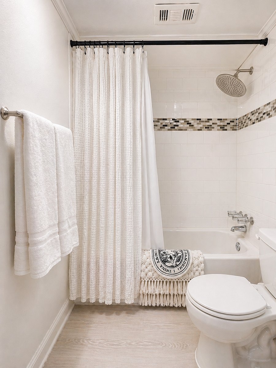 Full bathroom with shower and bathtub.