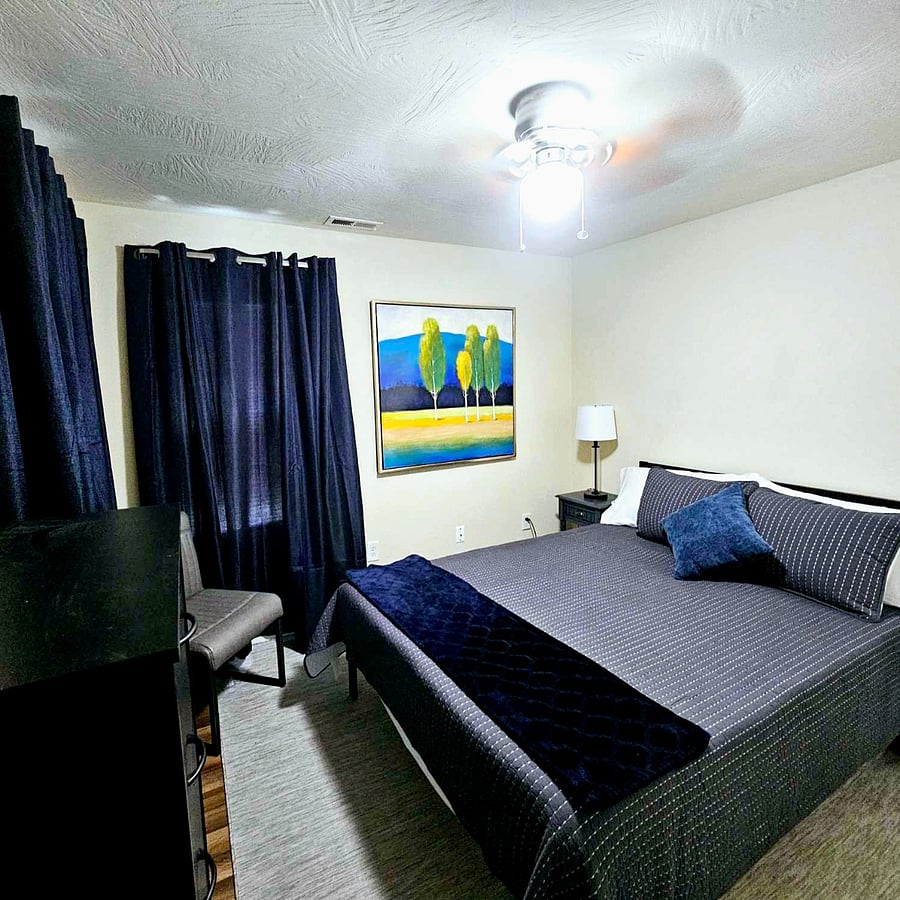 Bedroom 1, luxury queen bed, full blackout draperies