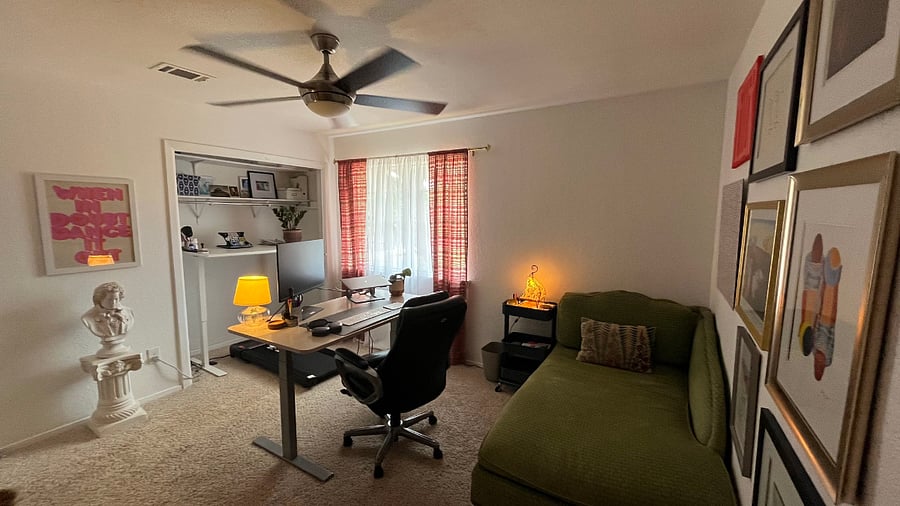 Office #1 - Has two desks, seated and one with a walking threadmill. This green couch can be converted to a bed for a child (less than 9 years old)