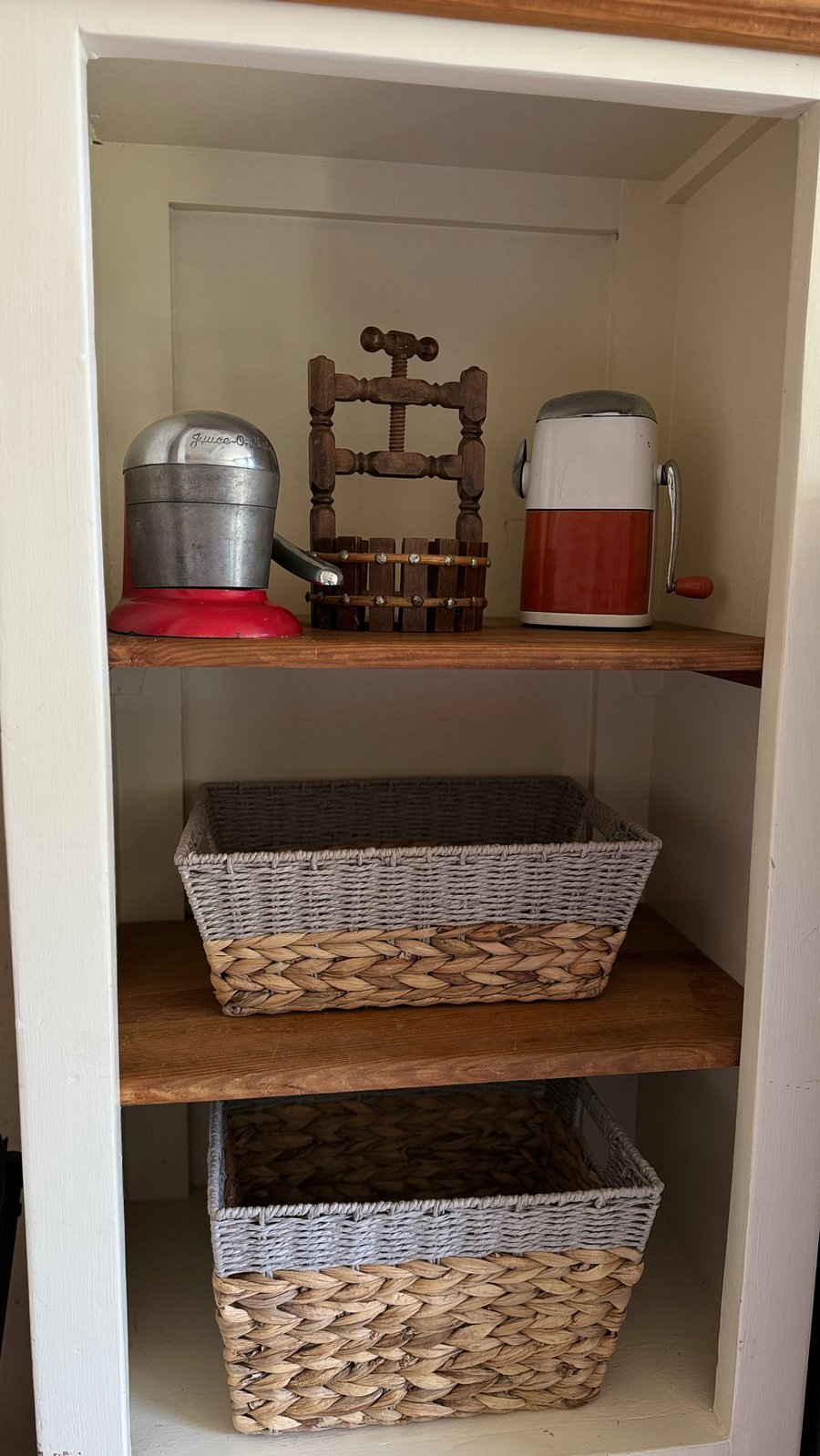 Antiques and storage baskets.