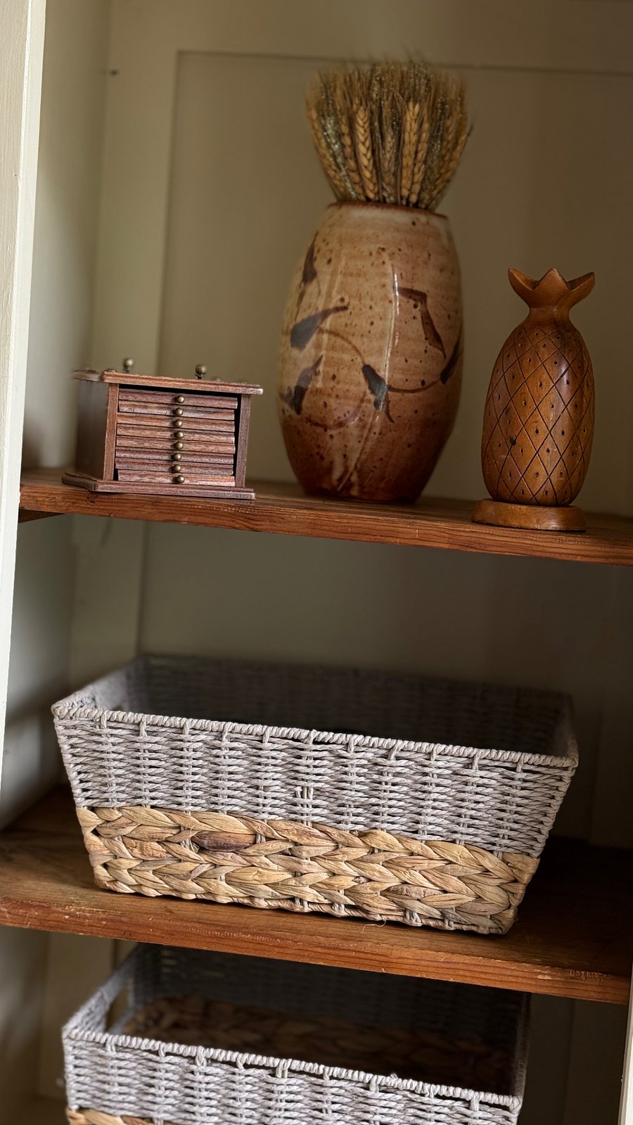 Antiques and storage baskets,