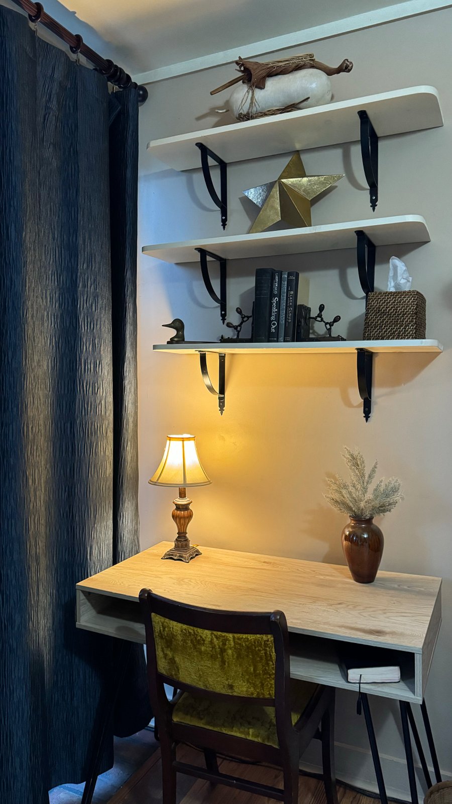 Desk, Lamp, tissues, books and vintage finds.