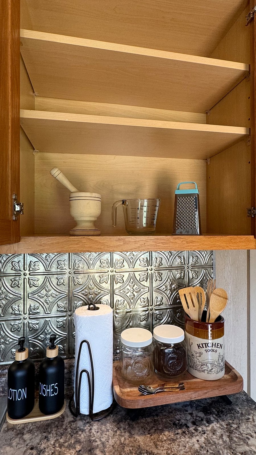 Kitchen cabinet amenities.