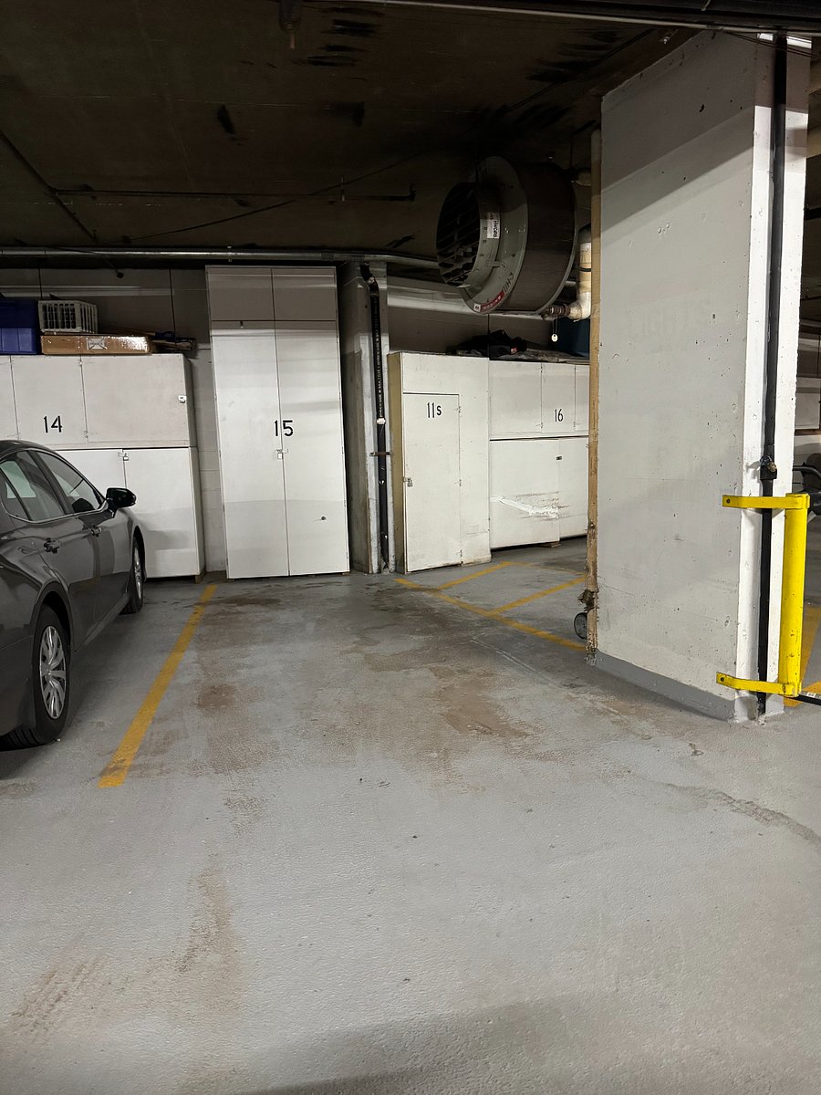 Parking space 15 and locked cabinet for storage.