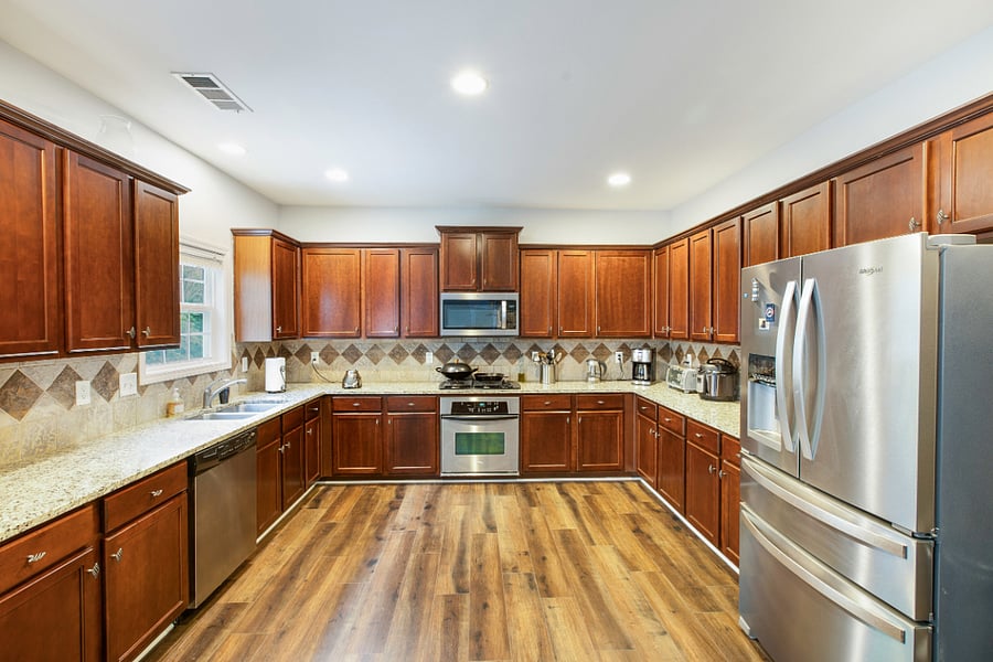 Plenty of counterspace for food prep. Gas stove top, electric oven. You're own cabinet space to store your food. The refrigerator is brand new, clean and roomy!