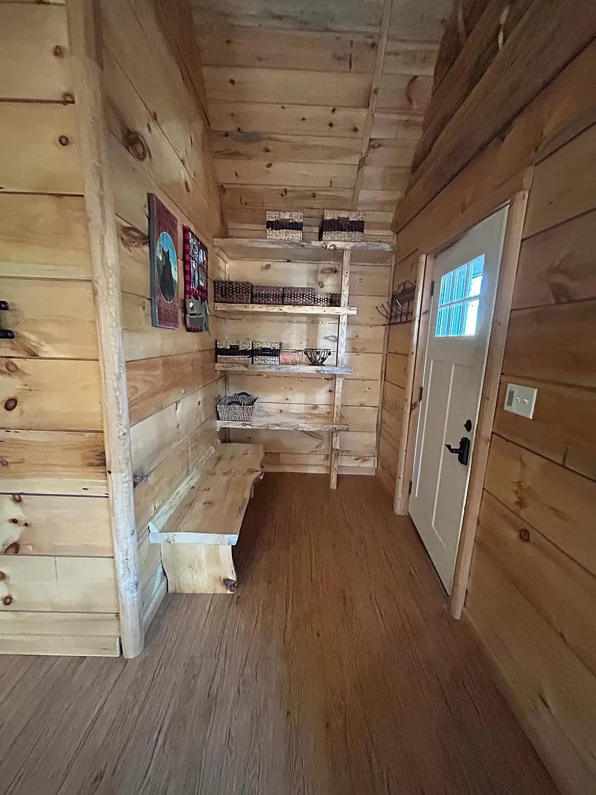 Entry way bench, shelving and hooks