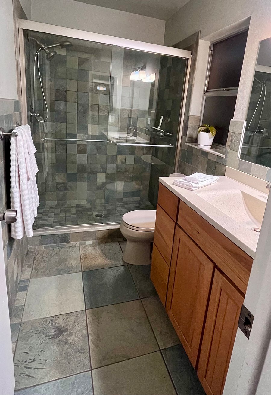 Custom tile, master bath walk-in shower
