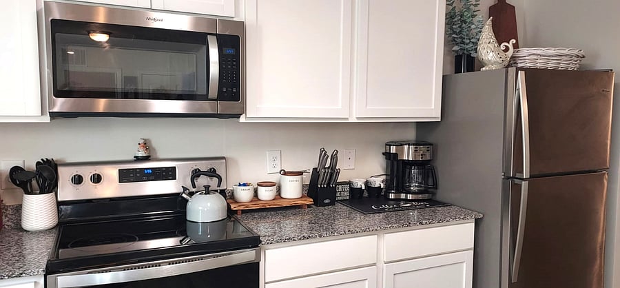 Coffee Maker, Toaster, Kitchen-Aid blender, Air Fryer - even spices, condiments, coffee/tea to get you started!