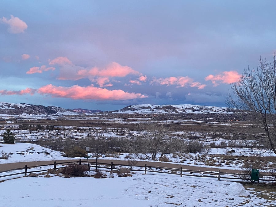 Balcony view of mountains & entry path to Bear Creek Lake Park.