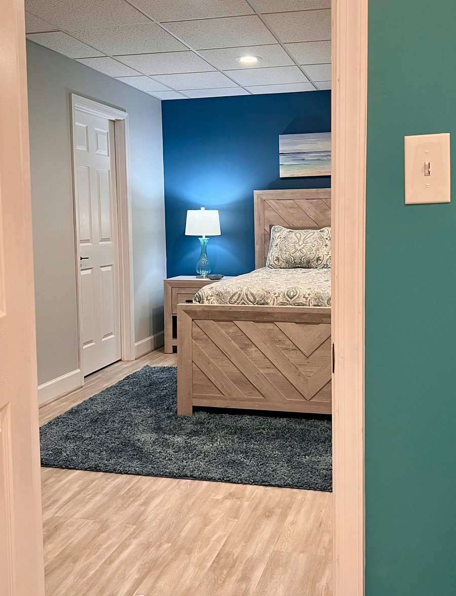 Looking in bedroom from bathroom door