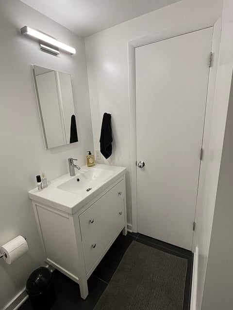 Newly-renovated bathroom; liquid hand soap, TP, towels, hand towels, and wash cloths provided