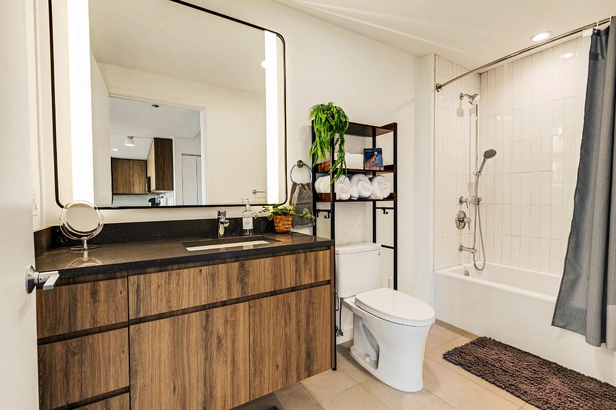 This stylish bathroom offers a deep soaking tub, bright lighting, and organic accents  perfect for a relaxing evening after a day of exploring the city.