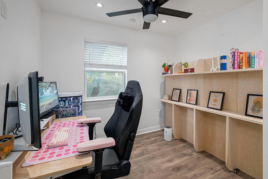 Office includes the Murphy bed and decorations, Desk, and new chair.