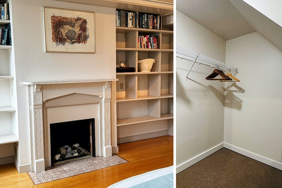 Queen bedroom #1 with built in bookcases / dressers/ walk in closet and fireplace 