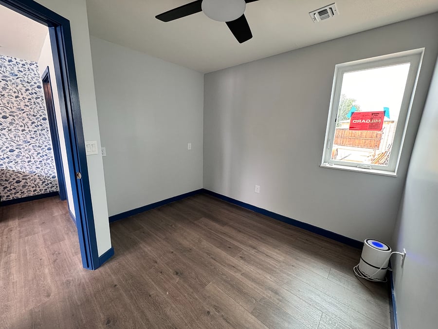 bedroom can be arranged however you like. nook is perfect for Full or Queen bed, but if you prefer your bed by the window, nook is perfect for custom closet build-out. WE WILL PROVIDE WHATEVER YOU PREFER! Fan and lighting in bedroom remote controlled.window will have blackout shades!