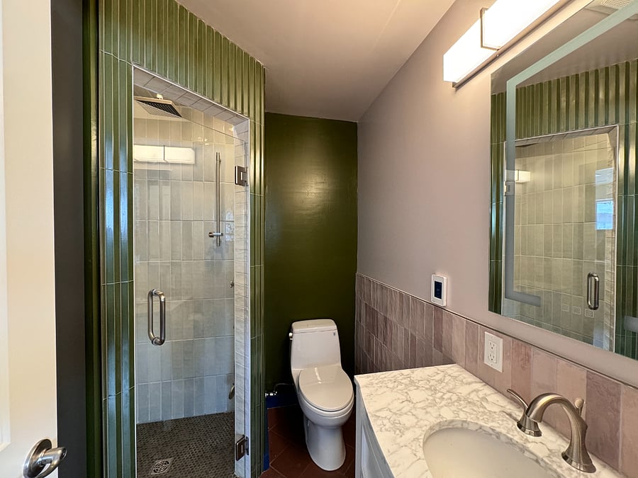 Brand new bathroom! custom tiled shower and vanity. curbless shower, rainfall option plus flexible arm plus built-in niches for shower storage. heated bathroom floors for cold winter mornings. light-up vanity medicine cabinet. brand new toilet. 