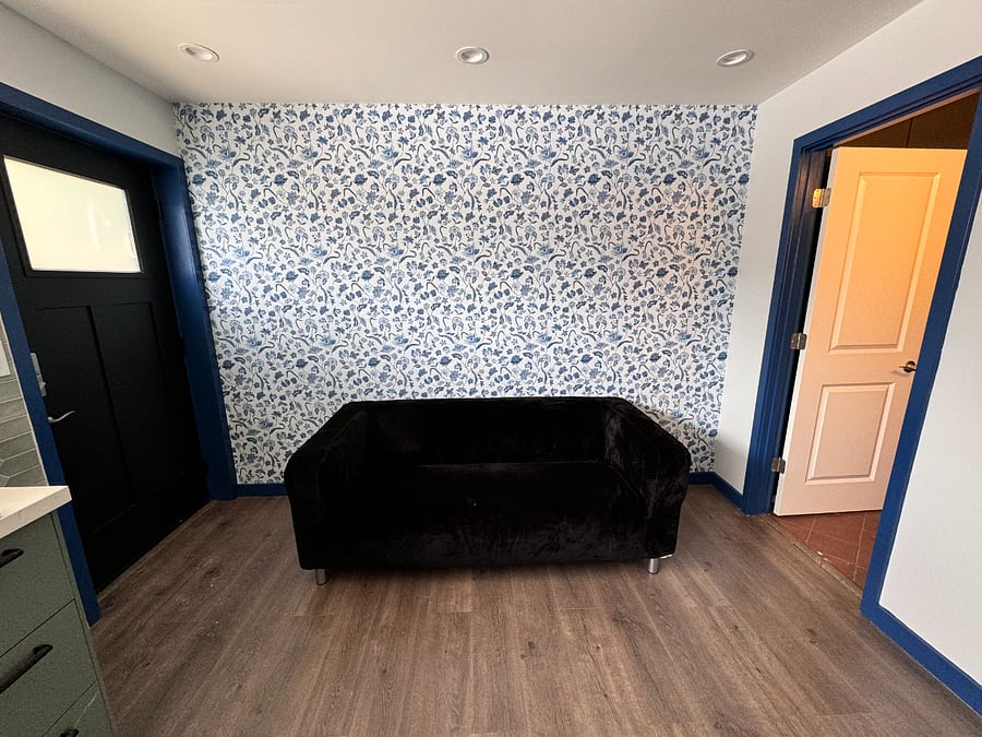 cute anthropologie wallpaper. sofa optional-- will replace with furniture of your choice within budget! 