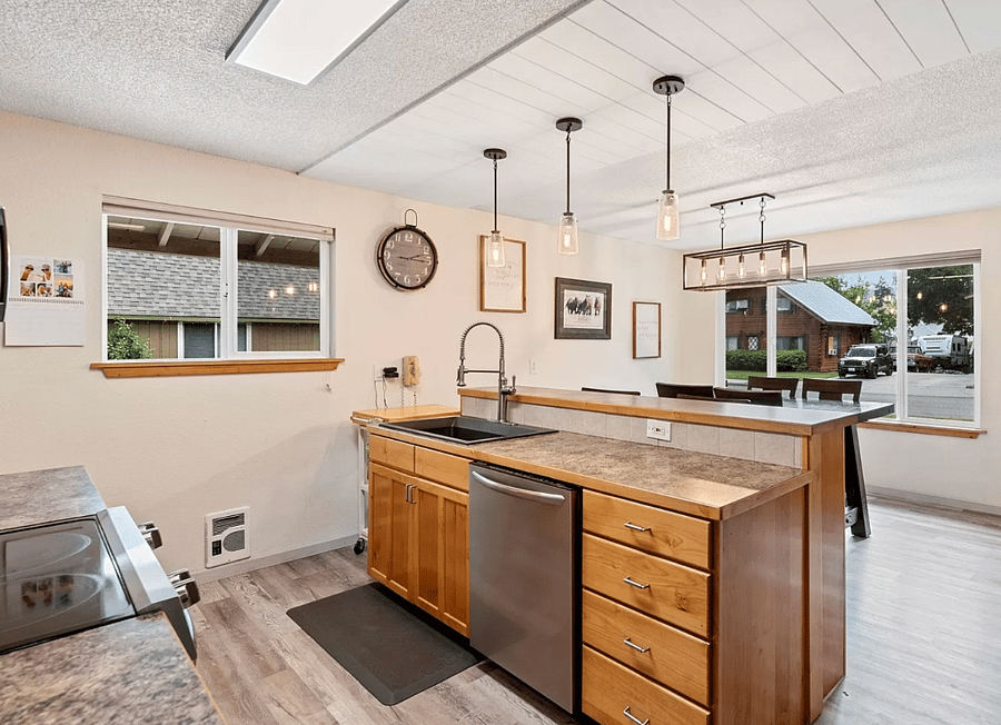 The shared kitchen and dining spaces.