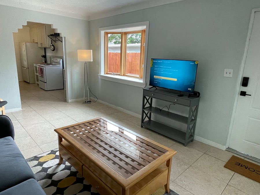 Living room with bay window.