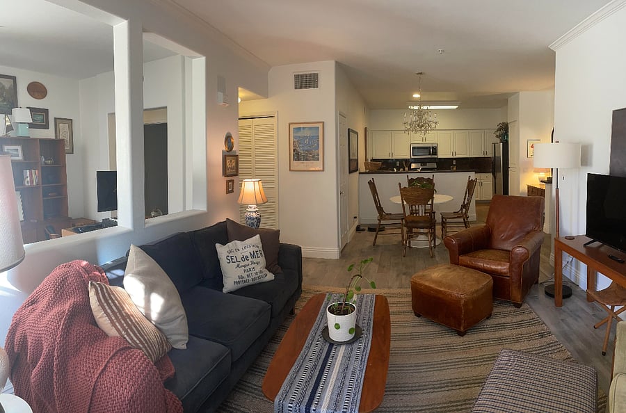 Main living area with view into "bonus" room/office to the left.