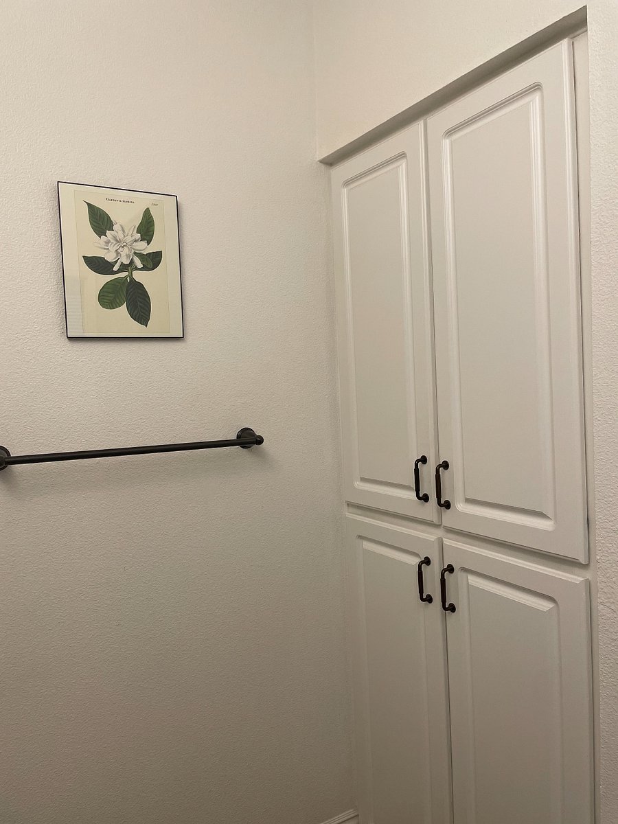 Cupboards to the left of the shower/tub.