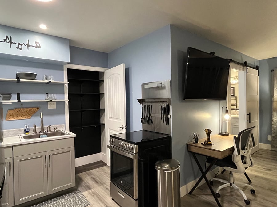 The kitchenette is well stocked with most anything you need in the way of cookware accompanied by spacious shelving and pantry space.