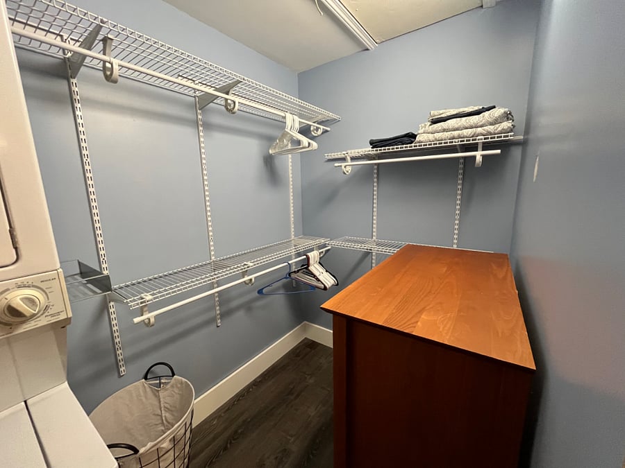 Plenty of room for your hanging clothes, a full sized dresser, as well as shelf storage.