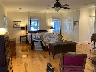 Master BR w/ king size bed,  sitting area with desk, chair, love seat, wingback chair, dresser, 2.5 double closets & view of pasture.  Adjoining full bath.