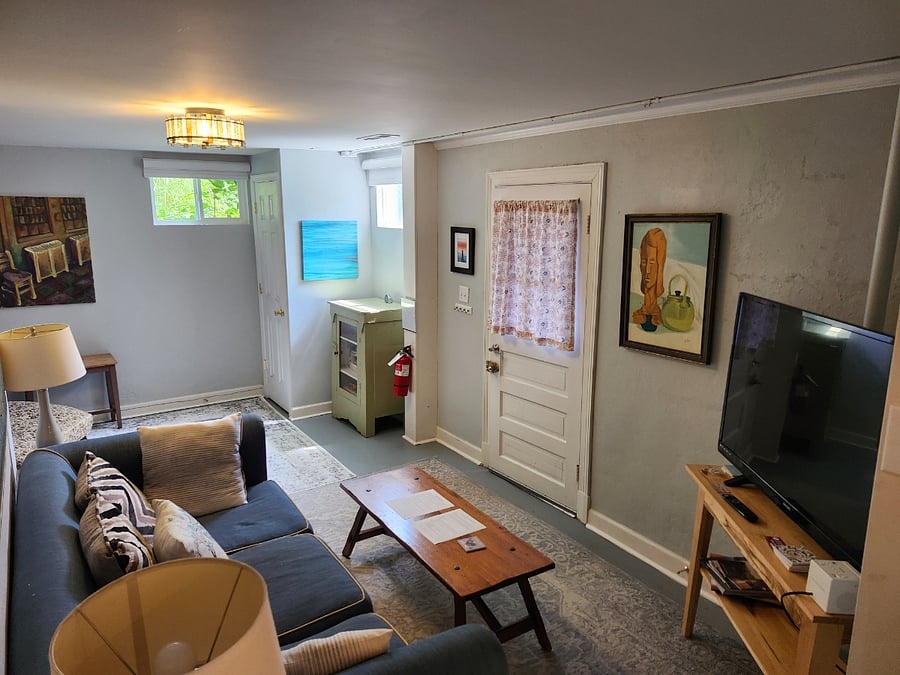 Living room includes comfy couch and smart TV