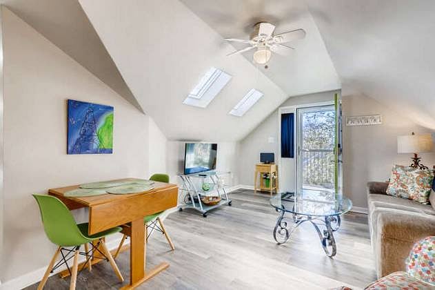 View of the living room showing the front door, and skylights.