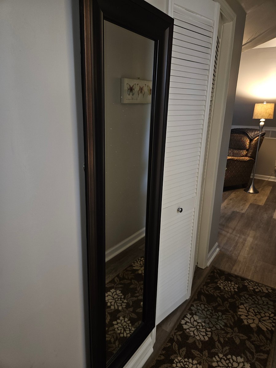 Full length mirror in hallway just outside the bathroom.