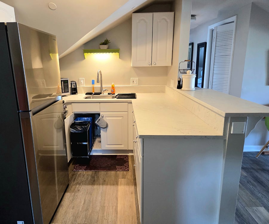 Remodeled kitchen with new counters, sink and faucet. Note trash bins slide out from under the sink.
