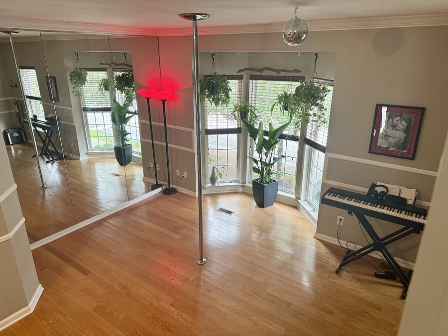 2nd level common area w studio mirrors and dancing pole-lots of options for fitness, fun, dance, or yoga! 