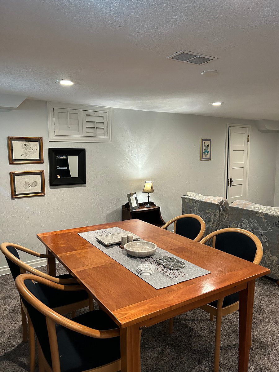 View from dining area corner into central living space