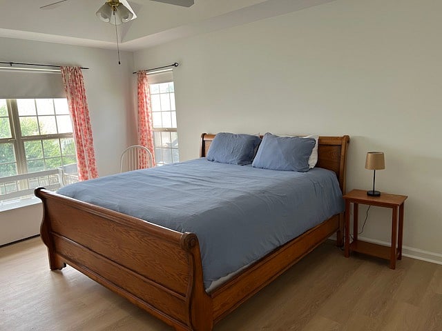 Master bedroom with king sized bed.