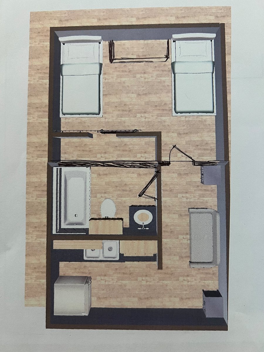 This is an overview of the floor plan. I put a queen size bed in the bedroom instead of two twins.