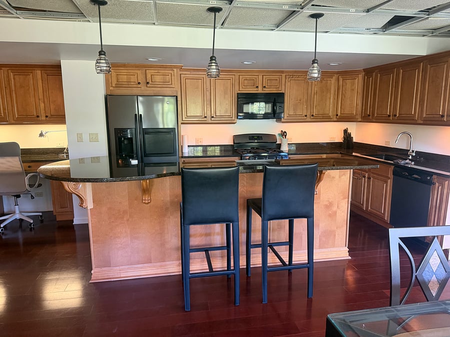 Full kitchen. Nicely appointed with what you need. No sharing this kitchen.