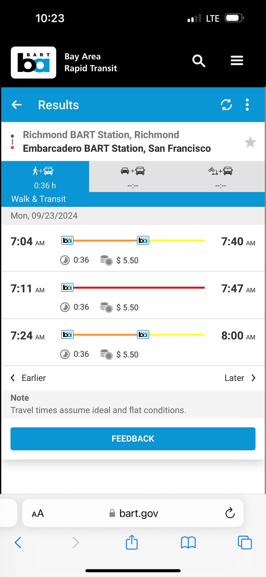 Morning metro BART train schedule for 8AM arrival in downtown SF