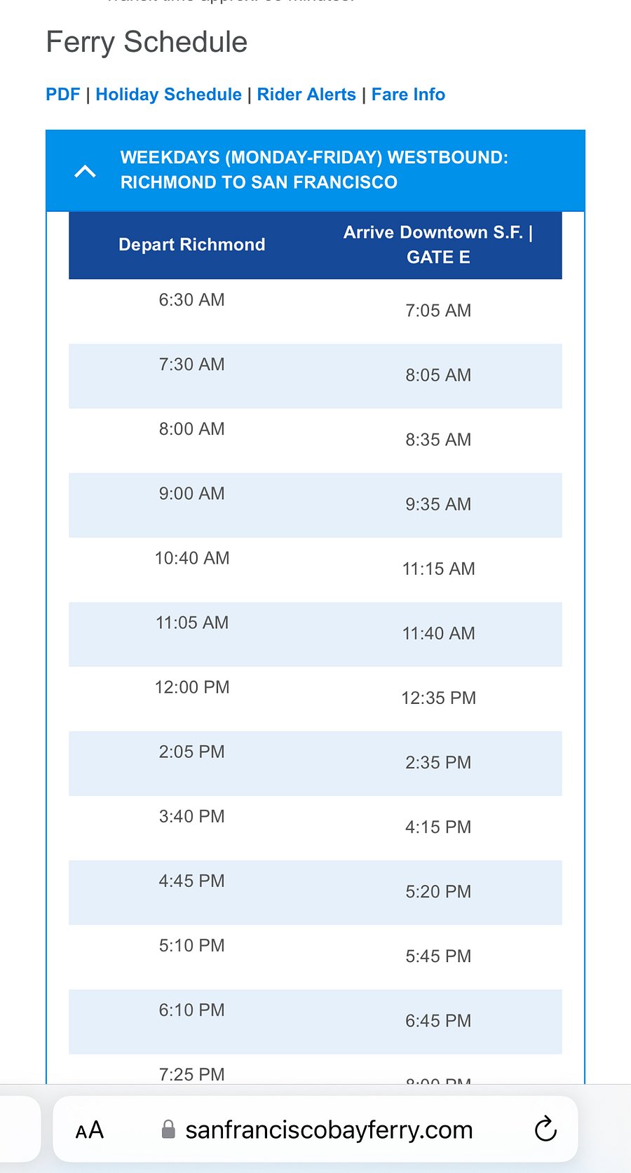 Ferry Schedule excerpt 2024