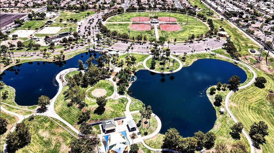 This is an areal shot of Freestone Park. This is located just a couple of blocks away so walking distance. They have lakes, a kids carnival, vollyball, basketball, batting cages, skate park. It is a fantastic park located by my house.