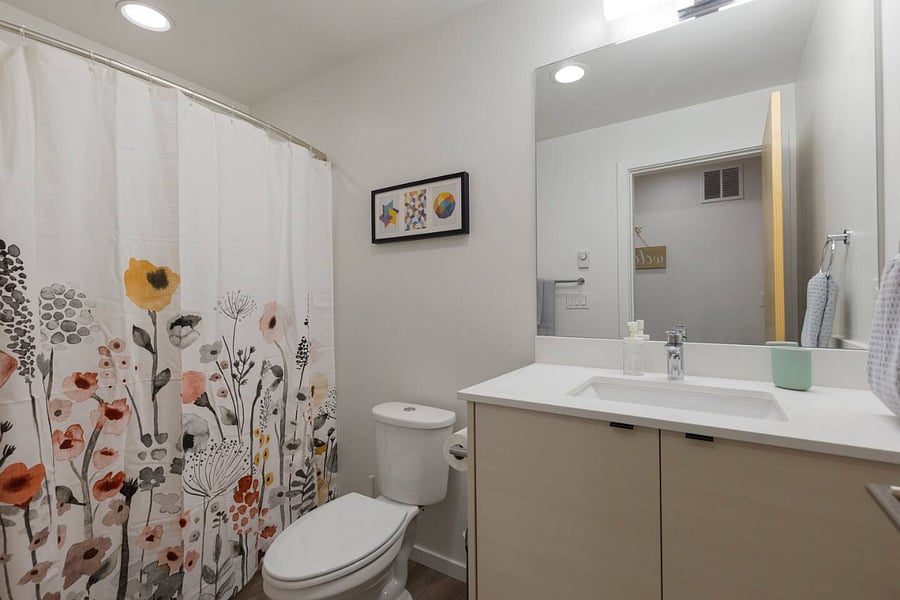 Dual-flush Gerber toilet, Grohe fixtures, quartz counters.