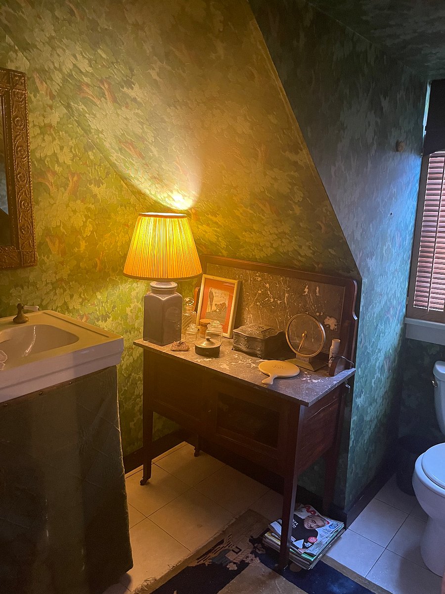 Bathroom with scenic wallpaper