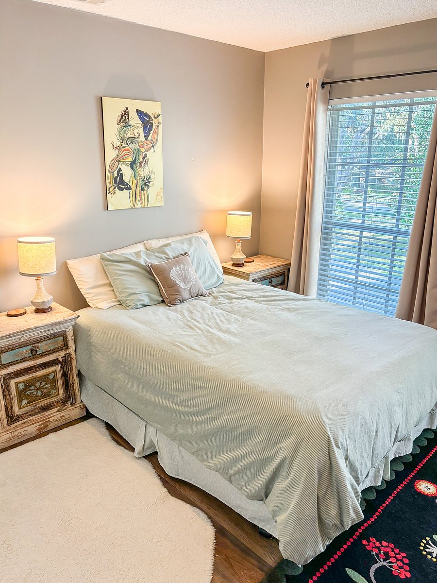 A comfortable double bed with new sheets and bedding as well as black out window coverings