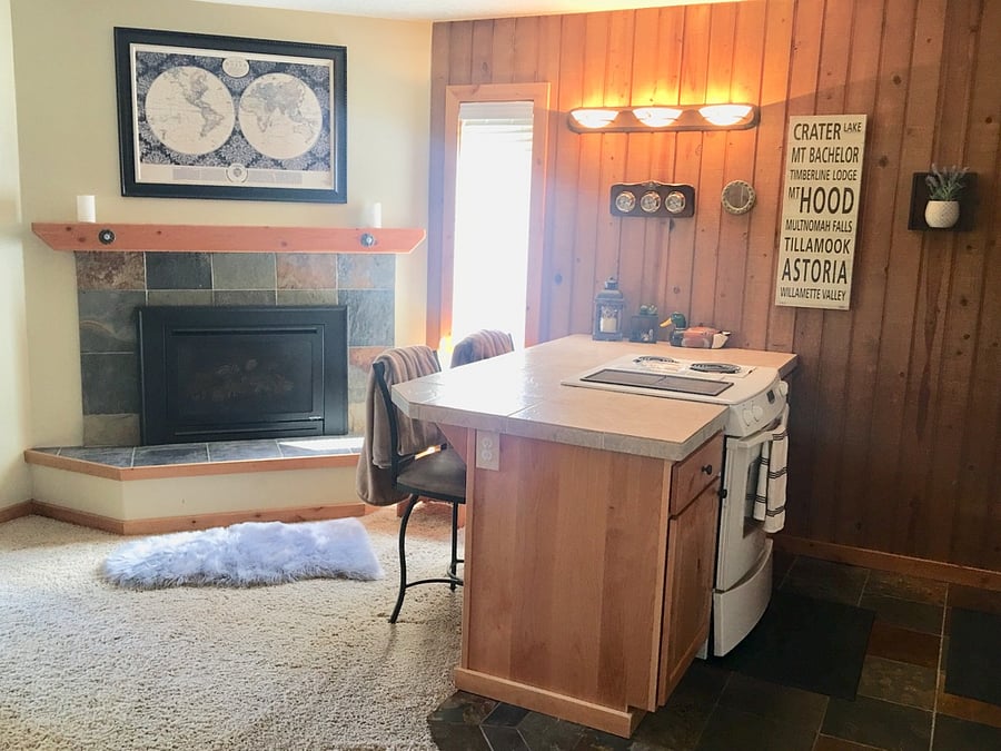 Cozy condo living area and kitchen