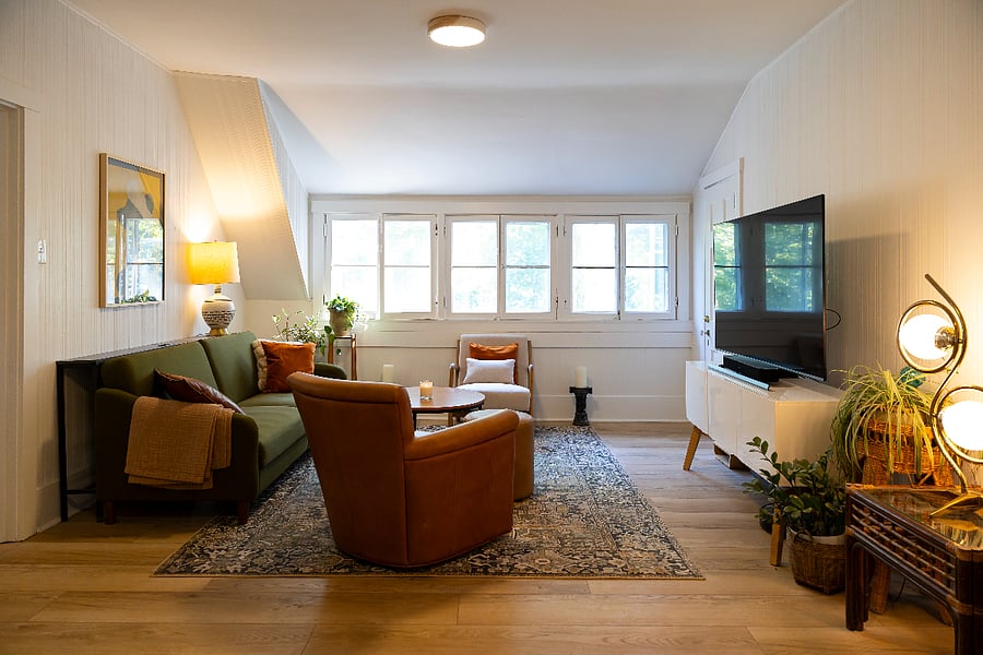 Living Space with 65 inch flat-screen TV is complete with all major streaming platforms for your entertainment, including peacock, max, and more. 