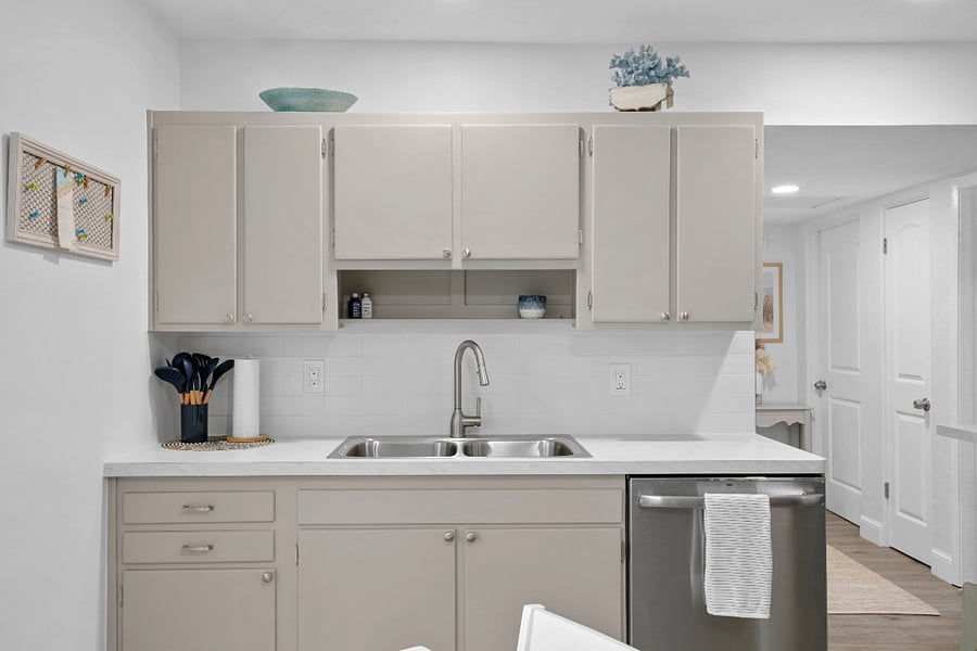 Kitchen cabinet area- sink and dishwasher.