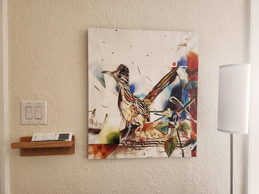 Immediately next to the entrace you find this handy shelf to store sunglasses or mail, keys and scarves. The artwork is by local artist Travis Black featuring our state bird, the roadrunner. You will encounter those friendly critters throughout Albuquerque's neighborhoods.